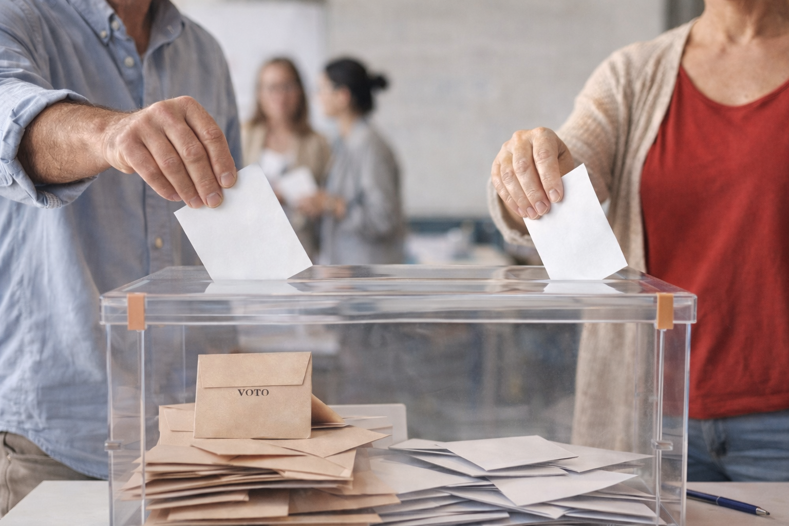 Personas depositando su voto en una urna durante unas elecciones sindicales en la administración local