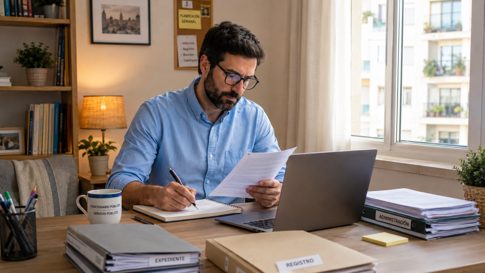 Funcionario de la Administración General del Estado teletrabajando desde casa con ordenador portátil y expedientes administrativos.