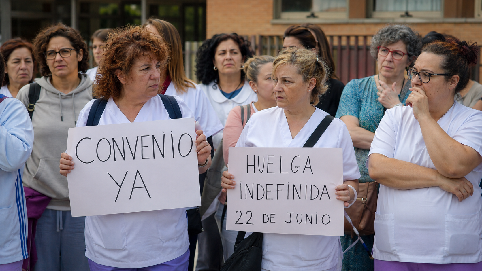Trabajadoras de residencias y centros de día de La Rioja sostienen carteles reclamando convenio y huelga indefinida el 22 de junio