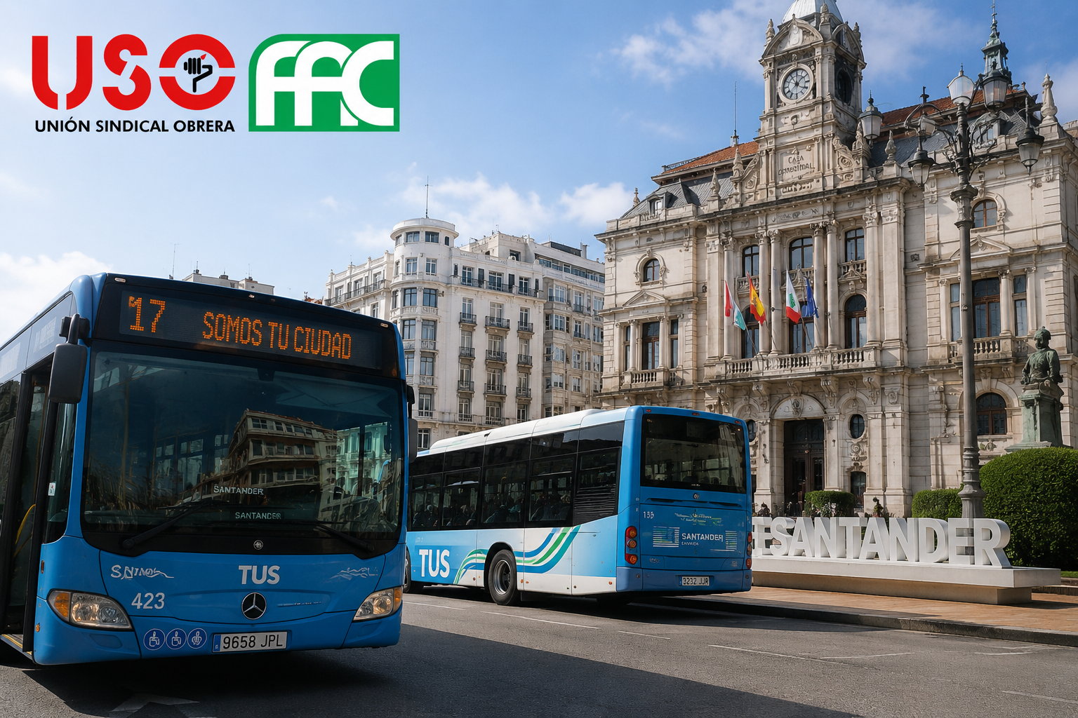 Autobuses del TUS frente al Ayuntamiento de Santander en una imagen que ilustra la condena judicial por abuso de temporalidad a favor de dos trabajadores, con el logotipo de FAC-USO.
