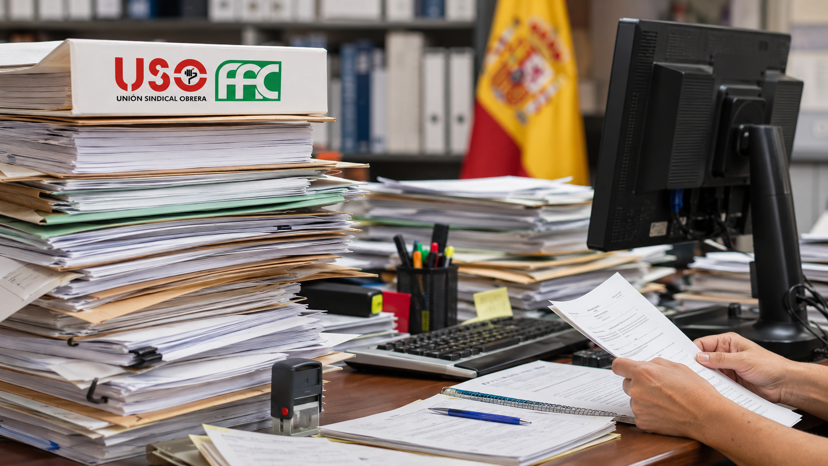 Mesa de trabajo con numerosos expedientes y logo de FAC-USO para denunciar la sobrecarga de las plantillas de la AGE