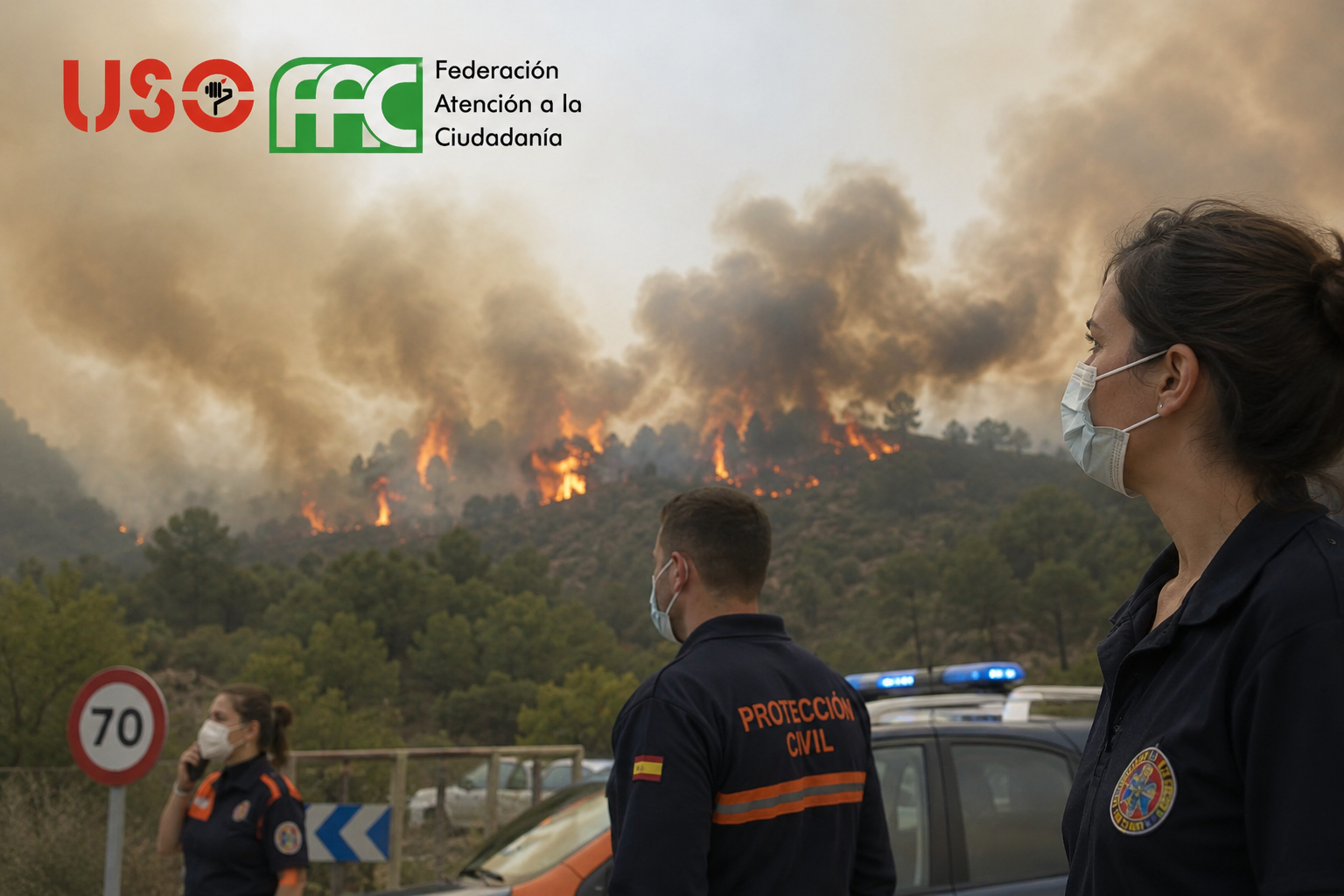 Empleados públicos con mascarilla frente a un incendio forestal. FAC-USO reclama protocolos frente al humo y la mala calidad del aire en las Administraciones Públicas.