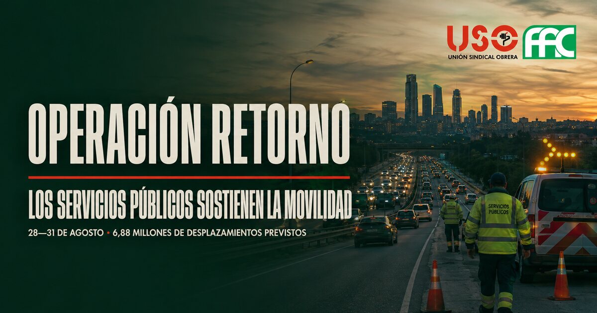 Operación Retorno DGT 2026 con tráfico intenso y profesionales de los servicios públicos trabajando en carretera