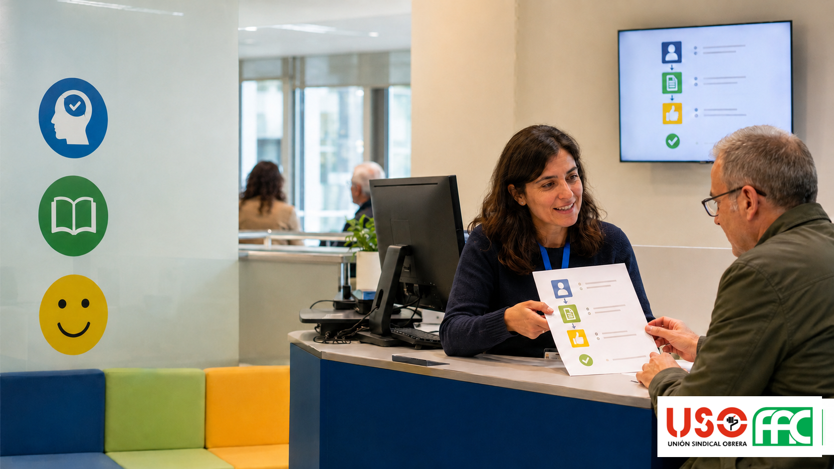 Empleada pública explica un trámite accesible a una persona usuaria en una oficina, con el logotipo oficial de USO-FAC