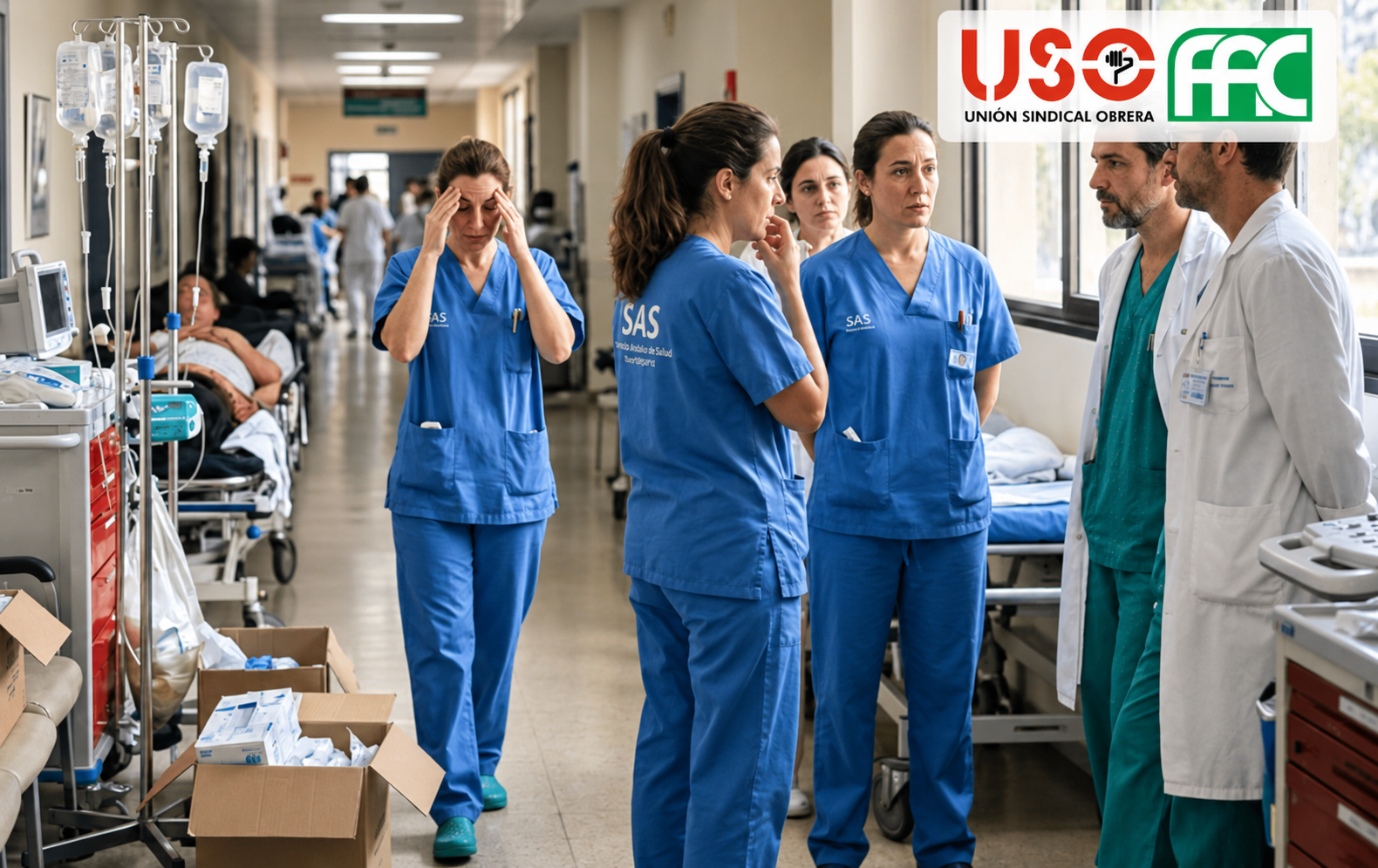 Profesionales sanitarios en un pasillo hospitalario durante la denuncia del caos en la bolsa laboral del SAS, con el logo de FAC-USO.