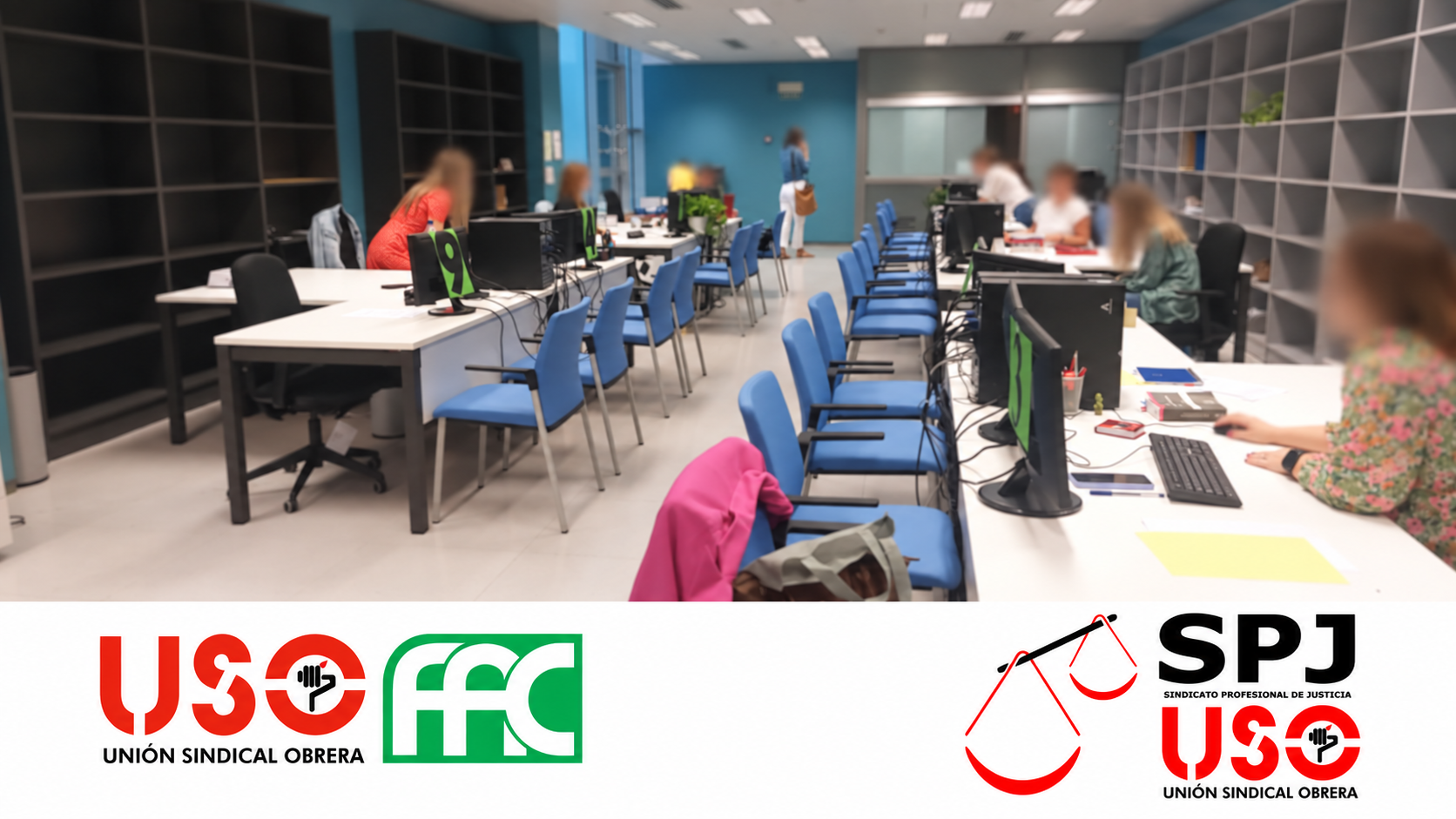 Personal en una oficina judicial de Andalucía, con rostros difuminados y los logos oficiales de FAC-USO y SPJ-USO.