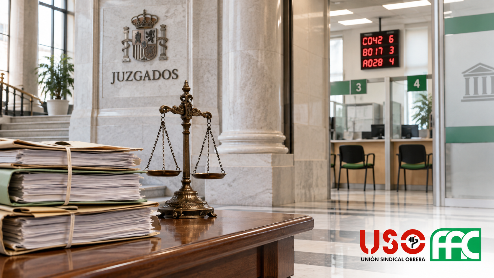 Interior de un edificio judicial con una balanza y oficinas de empleo al fondo, junto al logo de FAC-USO.