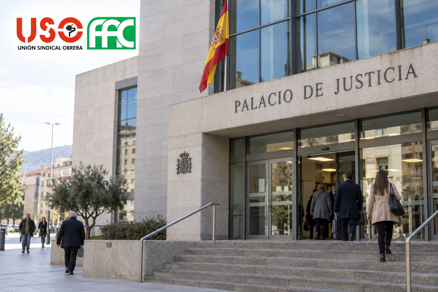 Edificio de un palacio de Justicia en España con el logo de FAC-USO