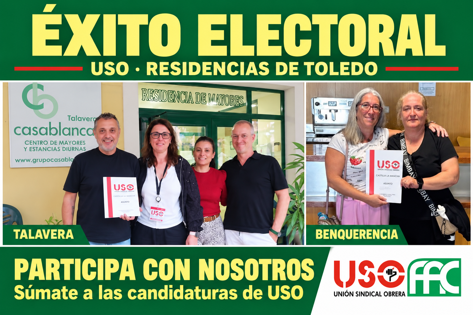 Responsables de USO Castilla-La Mancha y delegadas de Benquerencia en un montaje sobre los resultados electorales en residencias de Toledo.